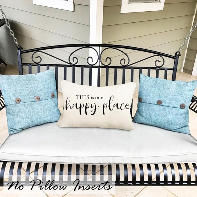 Front Porch Decor Cream Outdoor Lumbar Pillow Covers Waterproof 12x20 | Set of 2, No Inserts, Weather Resistant, Patio Furniture, Minimalist Neutral Home Decor, This Is Our Happy Place Sign