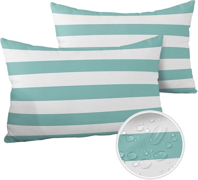 Outdoor Pillows 20x12 Waterproof Outdoor Pillow Covers Teal White Stripes Polyester Throw Pillow Covers Garden Cushion Decorative Case for Patio Couch Decoration Set of 2 Geometric
