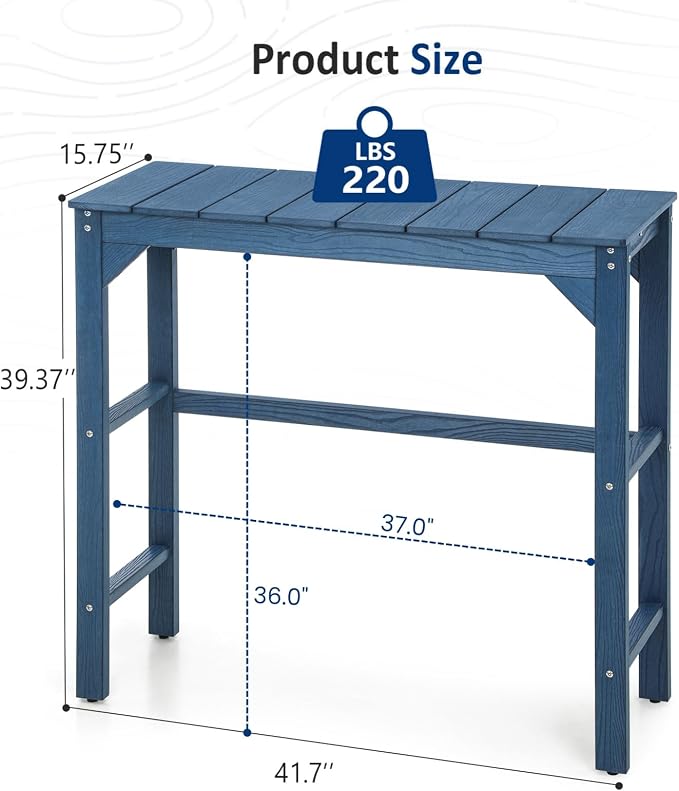 Outdoor Bar Table, 42" Weatherproof Patio Bar Height Counter Table, HIPS Material, Waterproof, for Outside, Garden, Backyard, Balcony, Poolside, Blue