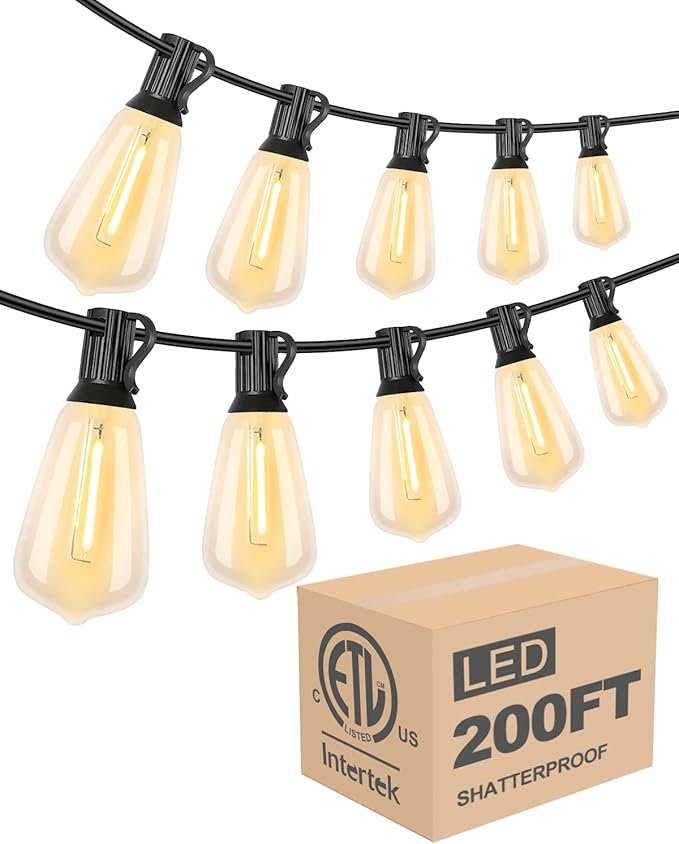 Lightdot 200FT Outdoor String Lights, LED Bistro String Lights with Shatterproof ST38 Vintage Bulbs, 2200K Dimmable, Waterproof Hanging Lights for Porch, Deck, Garden, Backyard, Balcony - ETL Listed