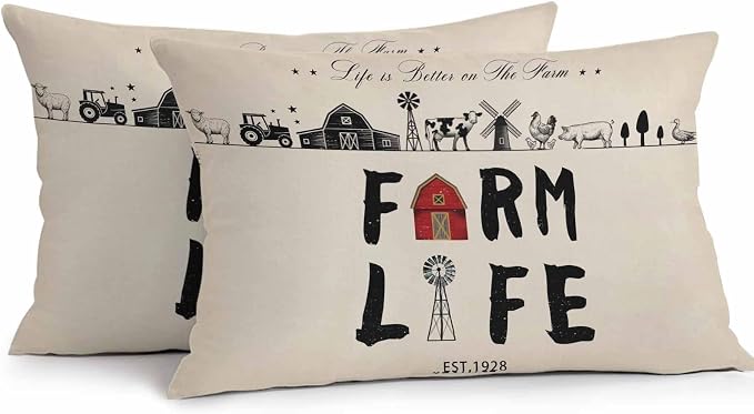 Outdoor Throw Pillows Covers 20x12 inch Set of 2 Waterproof Farm Life Decorative Zippered Cushion Covers for Patio Furniture, Retro Farmhouse Red Barn Windmill Cow Chicken Tractors Lumbar Pillowcases