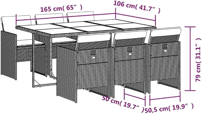 7 Piece Garden Dining Set with Cushions Grey Poly Rattan Outdoor Patio Furniture Set for 6, Foldable Chairs with Removable Covers, Acacia Wood Table for Backyard Relaxing and Al Fresco Dining