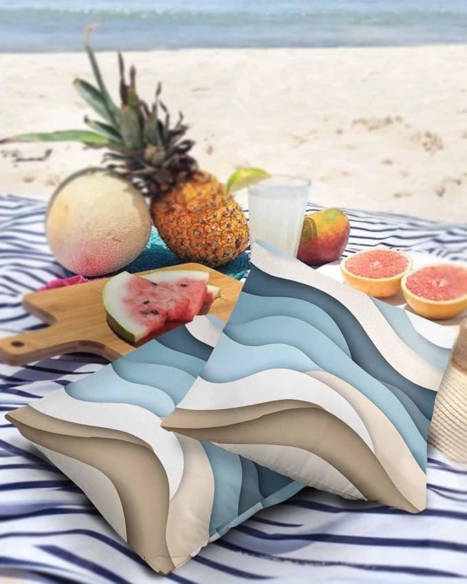 Pack of 2 Blue Brown Abstract Outdoor Pillow Waterproof Covers 20x20 inch, Gradient Water Ripple Polyester Throw Pillow Covers Garden Cushion Decorative Case for Patio Couch Decoration