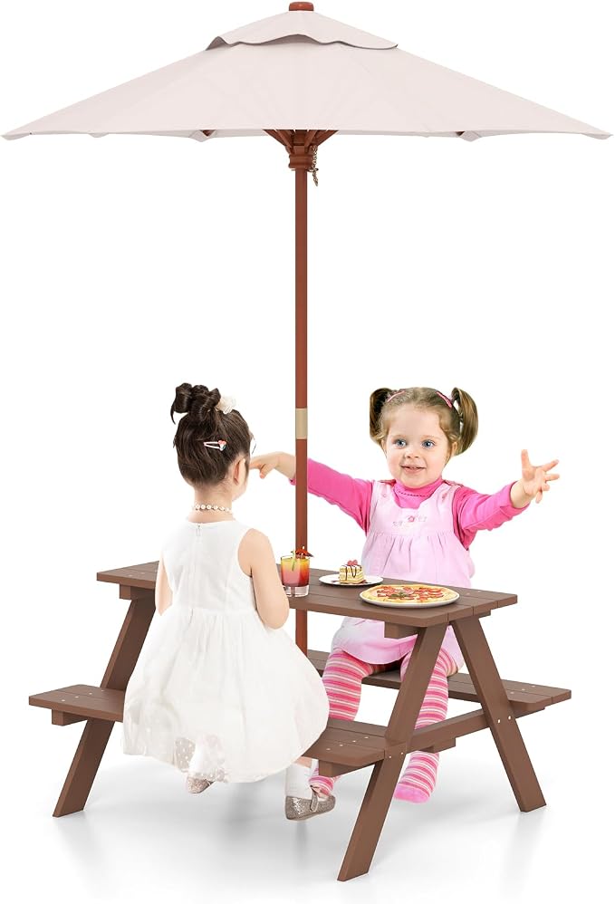 HONEY JOY Kids Picnic Table, Toddler Outdoor Table & Bench Set, Wooden Children Patio Furniture with Folding Umbrella, Kids Picnic Tables for Outdoors, Gift for Boys Girls