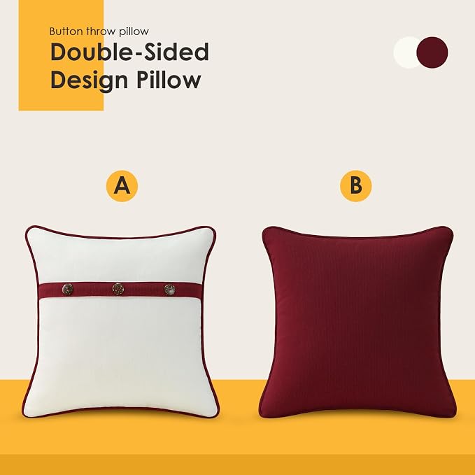Outdoor Sunbrella Decorative Pillows with Triple Coconut Buttons Pack of 4, 18" x 18" Outdoor Pillow Set for Couch Bed Throw Patio Sofa, Spectrum Eggshell/Spectrum Ruby