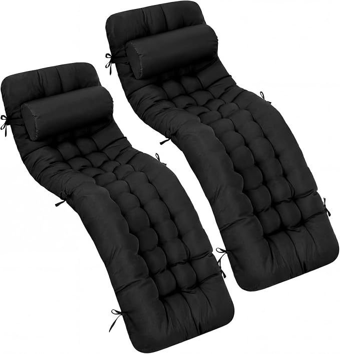 Tudomro Outdoor Chaise Lounge Cushion 66x21x4'' Waterproof & Fade-Resistant Patio Pool Chaise Lounge Cushion Headrest Pillow Tie Replacement Rocking High Back Chair(Black,Set of 2)