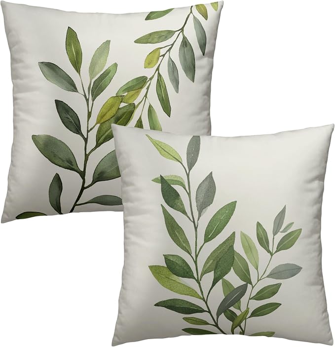 Sage Green Leaves Pillow Covers 22x22 Inch Set of 2, Grey Rustic Plants Leaf Cotton Square Decorative Throw Pillowcases for Bed Sofa Couch Porch Farmhouse Cottage Home Decor