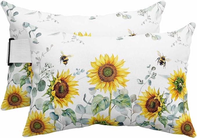 Outdoor Pillows Covers with Inserts Eucalyptus Leaves Sunflowers Bee Flower Waterproof Recliner Pillow with Adjustable Strap Throw Pillows for Patio Furniture Pool Lounge Chair, 11x16 inch, 2PCS