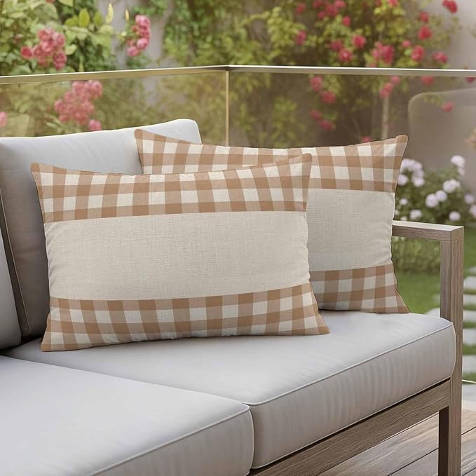 Retro Brown Outdoor Waterproof Pillow Covers, Farmhouse Buffalo Plaid Vintage Beige Decorative Rectangle Throw Pillowcase Sofa Cushion Sham for Patio/Couch/Chair, 20"x12" 2 Pack