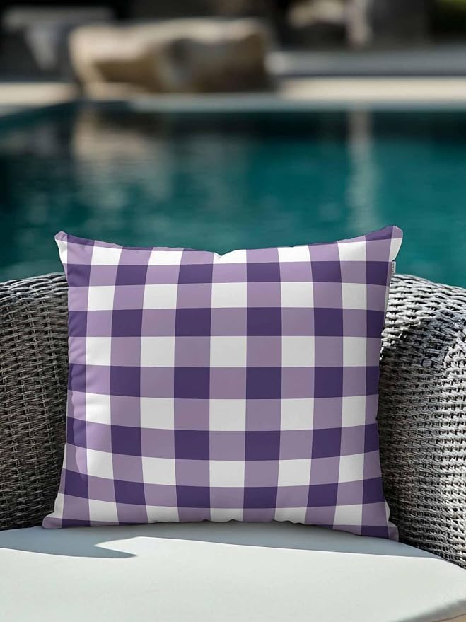 Waterproof Outdoor Pillow 1 Pack Purple Buffalo Plaid Decorative Throw Pillows Cover & Insert 16x16 Inch Pillowcase Check Lines Square Pillows for Couch Sofa Bed Patio Furniture Indoor Outdoor