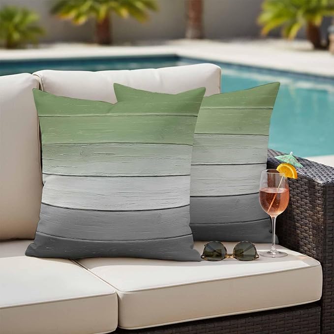 Sage Green Gray Outdoor Pillow Covers 16x16 Inch Throw Pillow Covers Set of 2 Waterproof Decorative Pillow Cases Vintage Country Ombre Chic Wooden Grain Cushion Covers for Patio Furniture Garden Couch