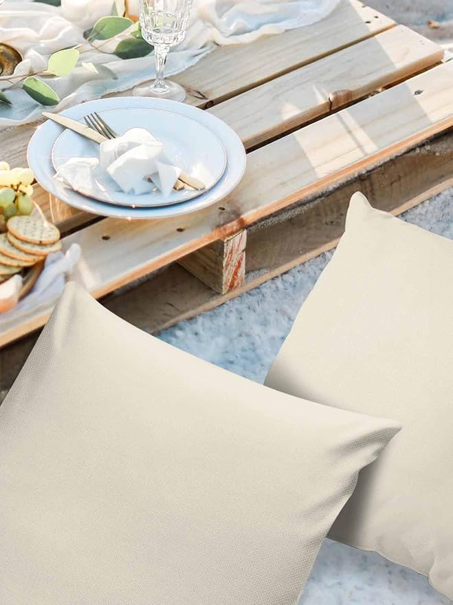 Outdoor Waterproof Throw Pillow Covers Set of 2 Cream Pillowcases 16x16 Inches Solid Color Patio Decorative Pillows Cushion Case Patio Pillows for Couch Bed Chair Garden