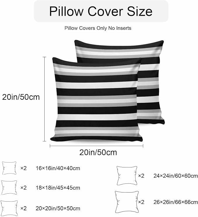 Black Grey Stripe Outdoor Pillow Covers Waterproof, All Weather Cushion Case Set of 2, Minimalist Farmhouse Striped Decorative Pillowcases for Sofa Couch Bed Decor Patio Furniture 16"x16"