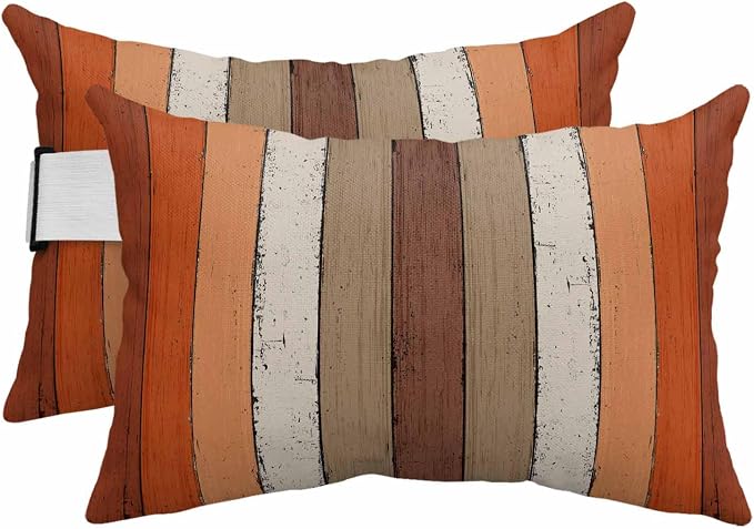 Country Orange Brown Wood Grain Outdoor Pillow for Chaise Lounge Chair,Rustic Wooden Plank Waterproof Headrest Lumbar Pillows with Insert&Elastic Strap for Patio Pool Garden Chairs Decor