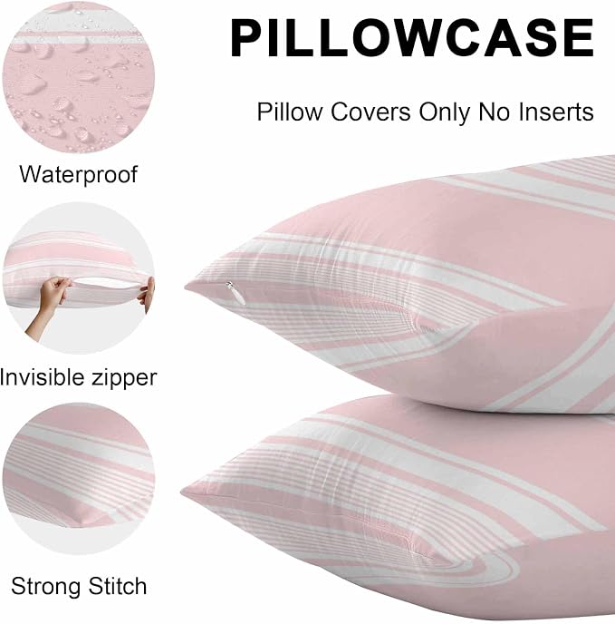 Vandarllin Outdoor Throw Pillows Covers 20x20 inch Set of 2 Waterproof Pink Stripes Decorative Zippered Cushion Covers for Patio Furniture, Striped Lines Lumbar Pillowcases