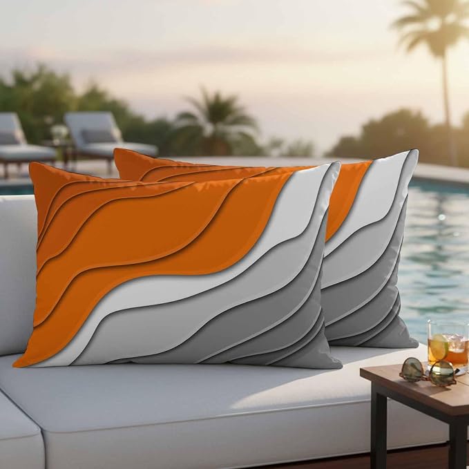 Abstract Beach Outdoor Pillow Covers Set of 2 Aesthetic Grey to Orange Gradient Waterproof Throw Pillow Cover Decorative Cushion Cases for Patio Porch Garden 20X12 Inch