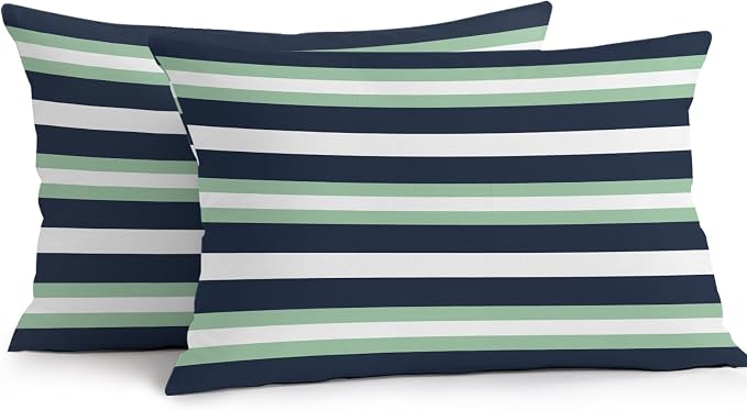 Green Navy Blue Striped Outdoor Pillow Covers Waterproof, All Weather Cushion Case Set of 2, Chic Abstract Lines Geometric Lumbar Pillowcase for Sofa Couch Bed Decor Patio Furniture 20"x12"