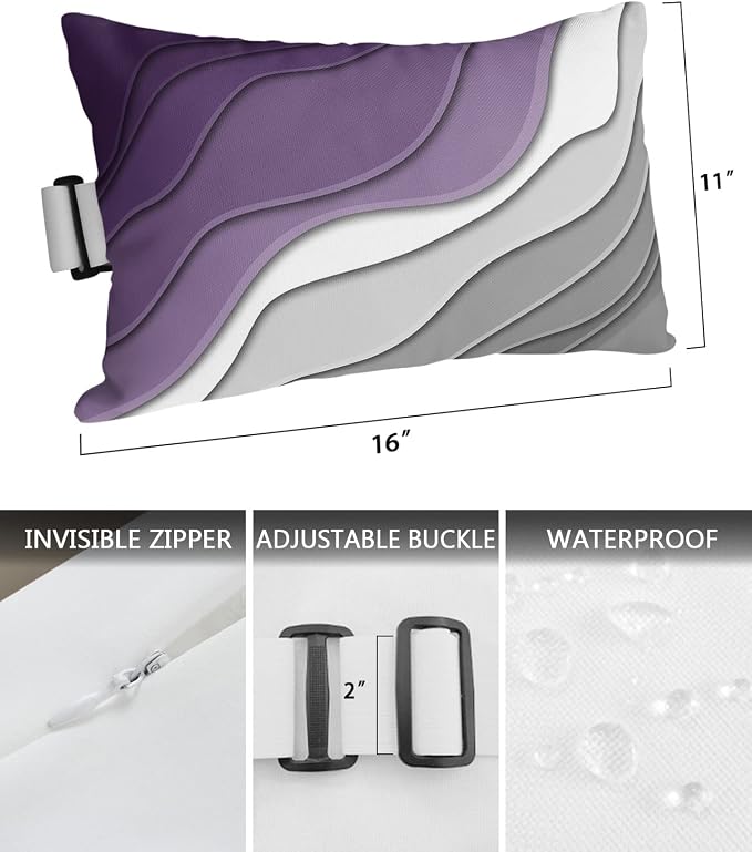 Geometric Ombre Lounge Pillows Outdoor, Aesthetic Purple Grey White Gradient Abstract Head Pillows, Modern Waterproof Patio Furniture Lumbar Pillows with Adjustable Elastic Strap for Recliner Beach