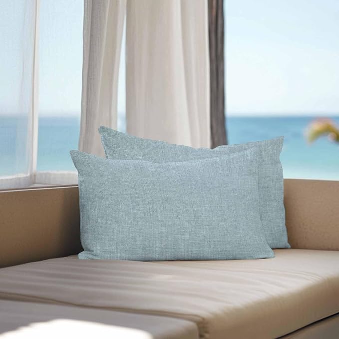 Vandarllin Outdoor Throw Pillows Covers 20x12 inch Set of 2 Waterproof Blue Linen Decorative Zippered Cushion Covers for Patio Furniture, Farmhouse Pure Color Lumbar Pillowcases