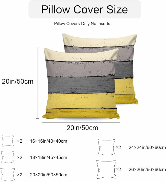 Outdoor Throw Pillow Covers 24X24 Set of 2 Waterproof Ombre Lemon Yellow and Gray Decorative Zippered Cushion Covers for Patio Furniture, Farmhouse Retro Rustic Barn Wood Texture Lumbar Pillowcases
