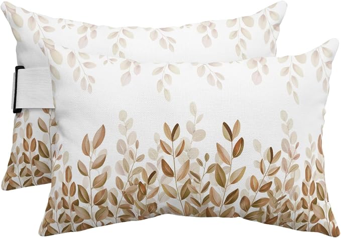 Outdoor Pillows Waterproof Covers Set of 2, Yellow Eucalyptus Leaf Adjustable Elastic Chaise Lounge Headrest Pillow Covers, Watercolor Leaves Lumbar Pillow for Pool Beach Patio Furniture 20x12 Inch