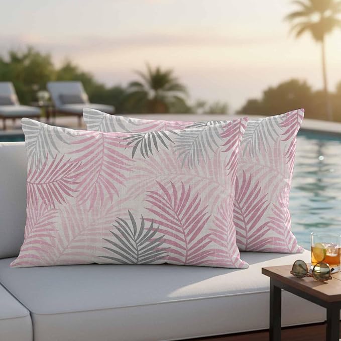 Outdoor Waterproof Throw Pillow Covers, Pink Grey Palm Leaves Decorative Pillow Cases, Summer Botanical Tropical Leaf Couch Pillow Protector Patio Sofa Cushion Covers Replacement 20"x12" 2 Pack
