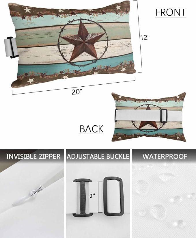 Brown Texas Star Teal Outdoor Lumbar Pillow Covers 12"x20" Set of 4, Decorative Throw Pillow Covers for Patio, Vintage Country Star Turquoise Wooden Waterproof Cushion Case for Pool Beach Chair
