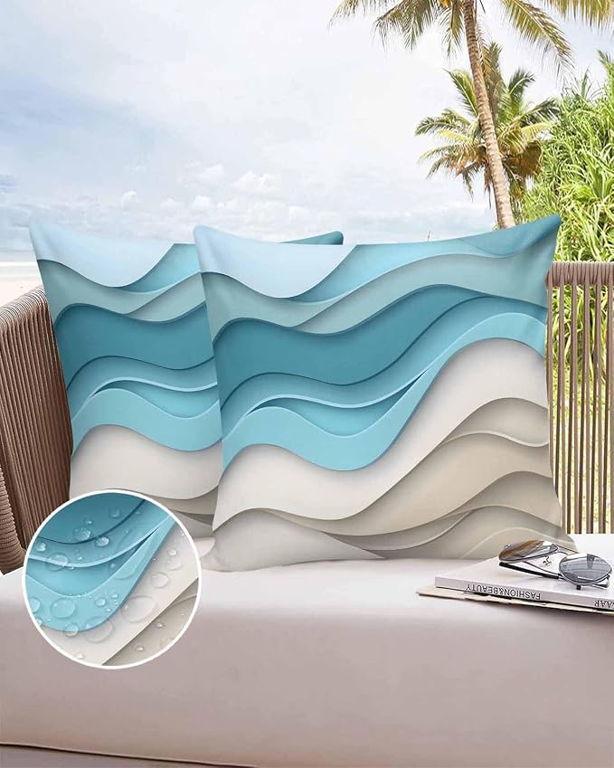 Pack of 2 Ombre Blue Brown Outdoor Pillow Waterproof Covers 16x16 inch, Abstract Wave Polyester Throw Pillow Covers Garden Cushion Decorative Case for Patio Couch Decoration