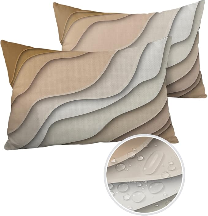 Outdoor Waterproof Pillow Covers for Patio Furniture Brown Modern Geometric Decorative Throw Pillow Cover Abstract Beach Wave Pillowcases Set of 2 Cushion Case for Sofa Couch 20 x 12 Inches