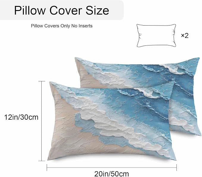 Summer Beach Theme Outdoor Pillow Covers 20x12in Pack of 2 Waterproof Pillowcase Watercolor Blue Ocean Wave Decorative Throw Cushion Case for Patio Couch Sofa