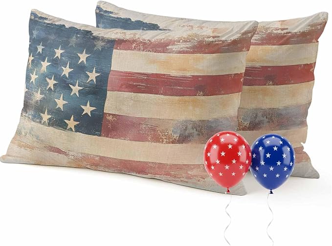 Independence Day Outdoor Pillow Covers 20"x12" Set of 2, Retro Country USA Flag Memorial Day Waterproof Throw Pillow Covers for Patio Furniture, Decorative Cushion Covers for Porch