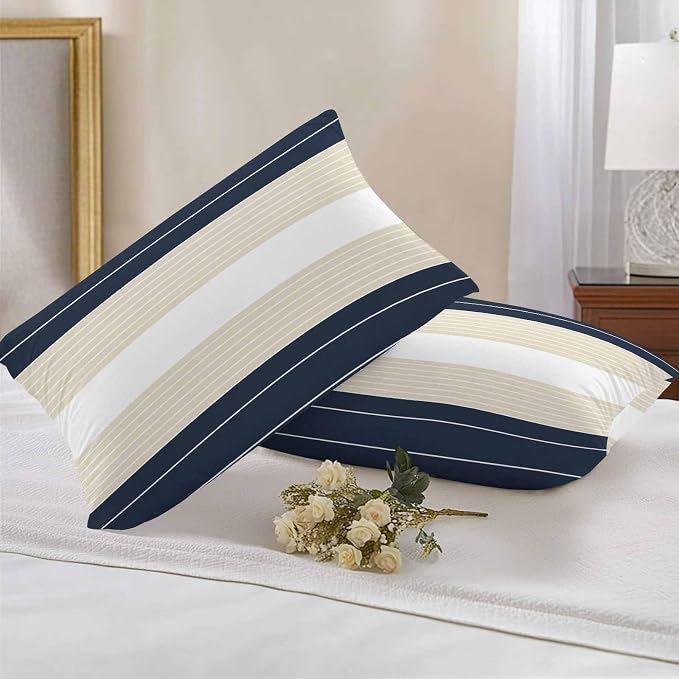 Navy Blue Beige Stripe Outdoor Pillow Covers Waterproof, All Weather Cushion Case Set of 2, Modern Art Horizontal Striped Lumbar Pillowcase for Sofa Couch Bed Decor Patio Furniture 20"x12"