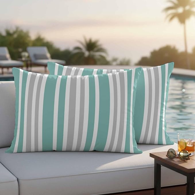 Aqua Grey Stripe Outdoor Pillow Covers 20x12 Inch Lumbar Pillow Covers Set of 2 Waterproof Decorative Throw Pillow Cases Farmhouse Minimalist Striped Cushion Covers for Patio Furniture Garden Couch
