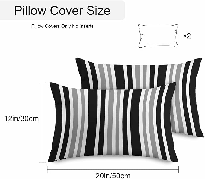 Black Grey Stripe Outdoor Pillow Covers 20x12 Inch Lumbar Pillow Covers Set of 2 Waterproof Decorative Throw Pillow Cases Farmhouse Minimalist Striped Cushion Covers for Patio Furniture Garden Couch