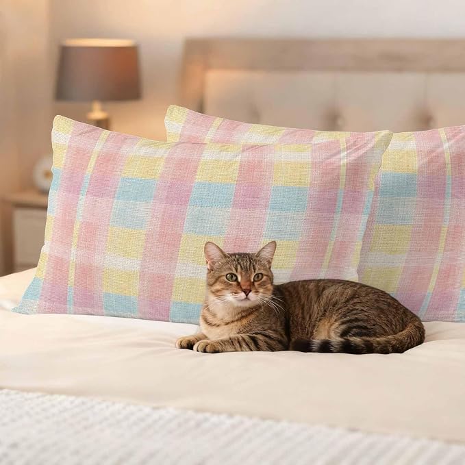Colorful Plaids Outdoor Waterproof Throw Pillow Covers Set of 2, 20"x12", Pink Blue Yellow Stripes Geometric Rustic Decorative Pillow Covers Outside Cushion Case for Patio Porch Garden