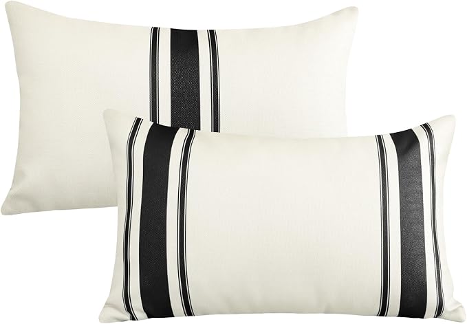 OTOSTAR Pack of 2 Outdoor Waterproof Decorative Pillow Covers 12x20 Inch Linen Geometry Pillowcases Cushion Case Garden Throw Pillow Covers Pillows Shell for Patio Furniture Couch Tent Balcony (Black)