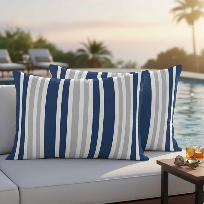Navy Blue Grey Stripe Outdoor Pillow Covers 20x12 Inch Lumbar Pillow Covers Set of 2 Waterproof Decorative Throw Pillow Cases Farmhouse Minimalist Striped Cushion Covers for Patio Furniture Garden
