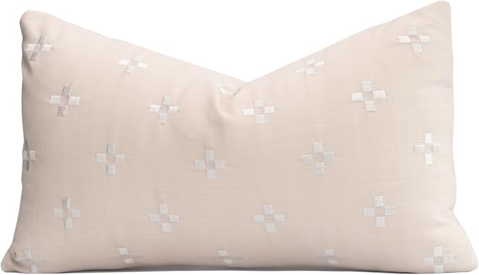 Coastal Linen Indoor Outdoor Lumbar Pillow Cover Only, 12"x20" Water Repellent for Patio, Backyard, Couch, Neutral Beige Small Squares