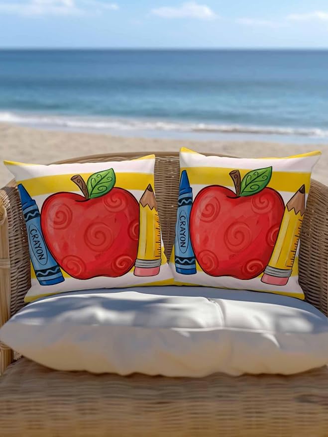Outdoor Throw Pillow Set of 2, Children's Day Waterproof Pillow with Insert Included, Funny Cartoon Pencil Yellow Striped Decorative Accent Cushion Sofa Pillows for Patio Porch, 18 x 18 in