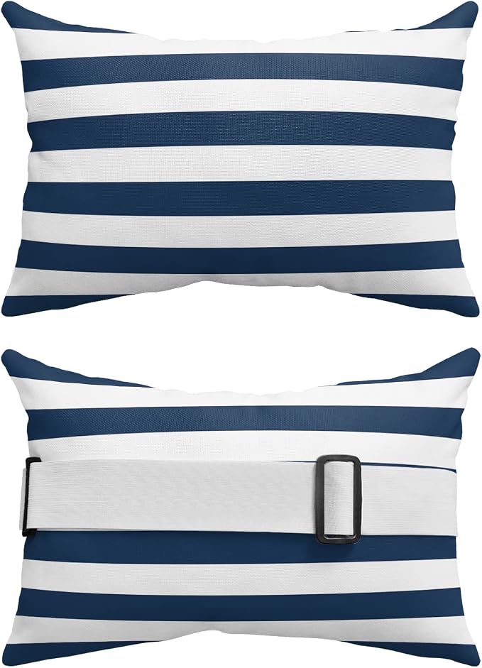 Blue and White Striped Outdoor Pillows with Insert Blue White Geometric Waterproof Patio Pillows with Adjustable Strap Decorative Head Recliner Lounger Chair Throw for Patio Furnitures, 1 Pack