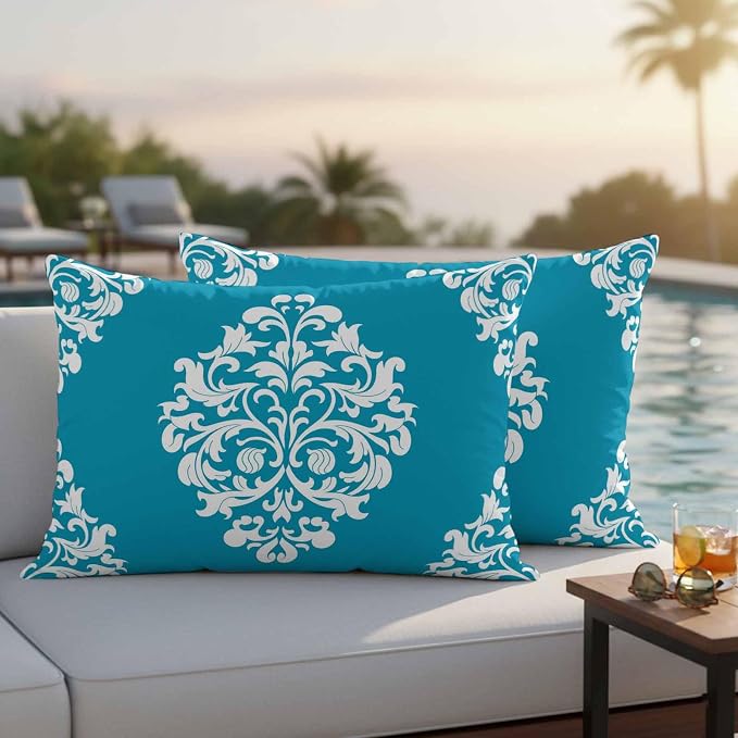 Outdoor Waterproof Pillow Covers for Patio Vintage Floral Teal Decorative Throw Pillow Cover Rustic Pillowcases Set of 2 Cushion Case for Sofa Couch Chair 12x20 Inch