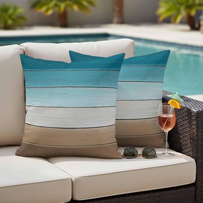 Turquoise Brown Outdoor Pillow Covers 16x16 Inch Throw Pillow Covers Set of 2 Waterproof Decorative Pillow Cases Farmhouse Retro Wooden Grain Striped Cushion Covers for Patio Furniture Garden Couch