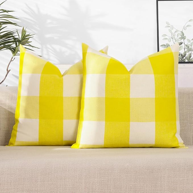 CARRIE HOME Yellow Buffalo Plaid Summer Outdoor Pillow Covers 18x18 Set of 2, Yellow Checkered Decorative Couch Pillow Covers 18 x 18, Front and Back Porch Decor Pillows for Patio Furniture