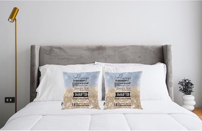 Swono Inspiration Quote Pack of 2 Decorative Throw Pillow Covers Cushion Covers, Remember You are Stronger Braver Couch Pillow Case Boho Pillowcase for Home Sofa Car 18"X18" Sparkle Golden