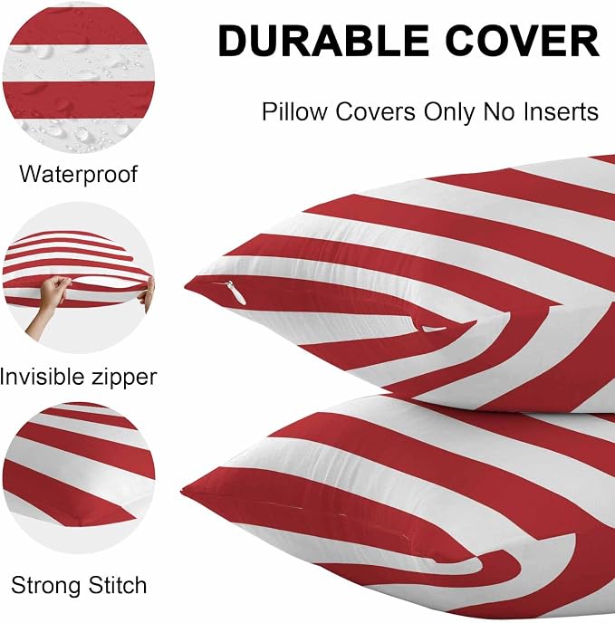 Outdoor Waterproof Throw Pillow Covers Set of 2 Red White Stripe Pillowcases 24x24 Inches Simple Style Striped Decorative Pillows Cushion Case Patio Pillows for Couch Bed Chair Garden