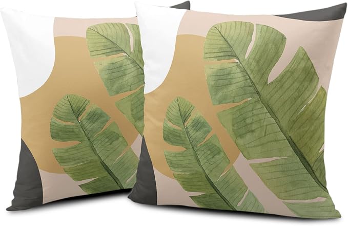 Green Leaves Tropical Throw Pillow Covers Summer Palm Tree Couch Covers 20x20 Jungle Plant Banana Leaf Living Room Decor Decorative Pillow Covers in 2 Pcs for Sofa Chair