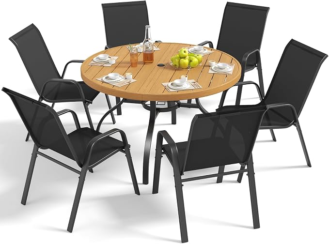 Outdoor Patio Dining Set for 6, 7 Pieces Patio Table and Chairs Set with Umbrella Hole, 47"x 47" Round Metal Wood-Grain Dining Table Set with 6 Stackable Patio Chairs for Deck , Backyard, Porch