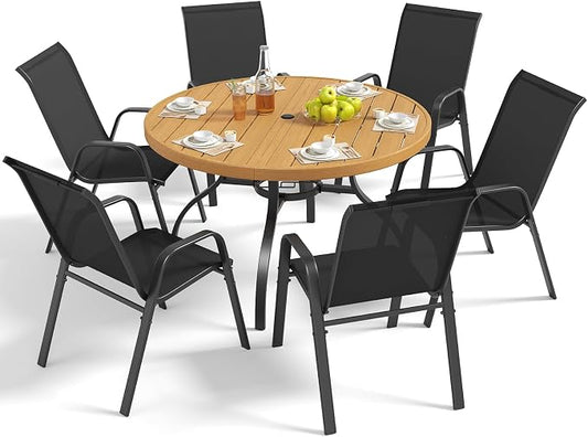 Outdoor Patio Dining Set for 6, 7 Pieces Patio Table and Chairs Set with Umbrella Hole, 47"x 47" Round Metal Wood-Grain Dining Table Set with 6 Stackable Patio Chairs for Deck , Backyard, Porch