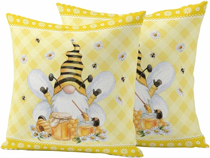 Yukro Honey Gnome Outdoor Waterproof Pillow Covers Pack of 2, Watercolor Honey Bees Floral Yellow Plaid Decorative Throw Pillowcases Cushion Covers for Garden Patio Tent Sofa Couch, 24x24 inch