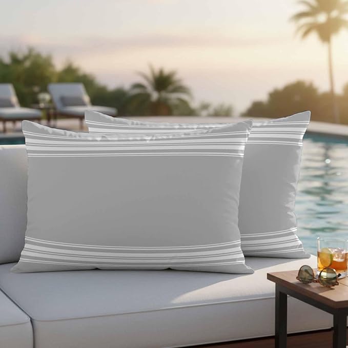 Outdoor Pillow Covers 12x20 Set of 2 Grey Stripes Outdoor Pillows Waterproof Throw Pillow Covers French Stripe Farmhouse Style Pillowcases Decorative Case for Patio Cushion